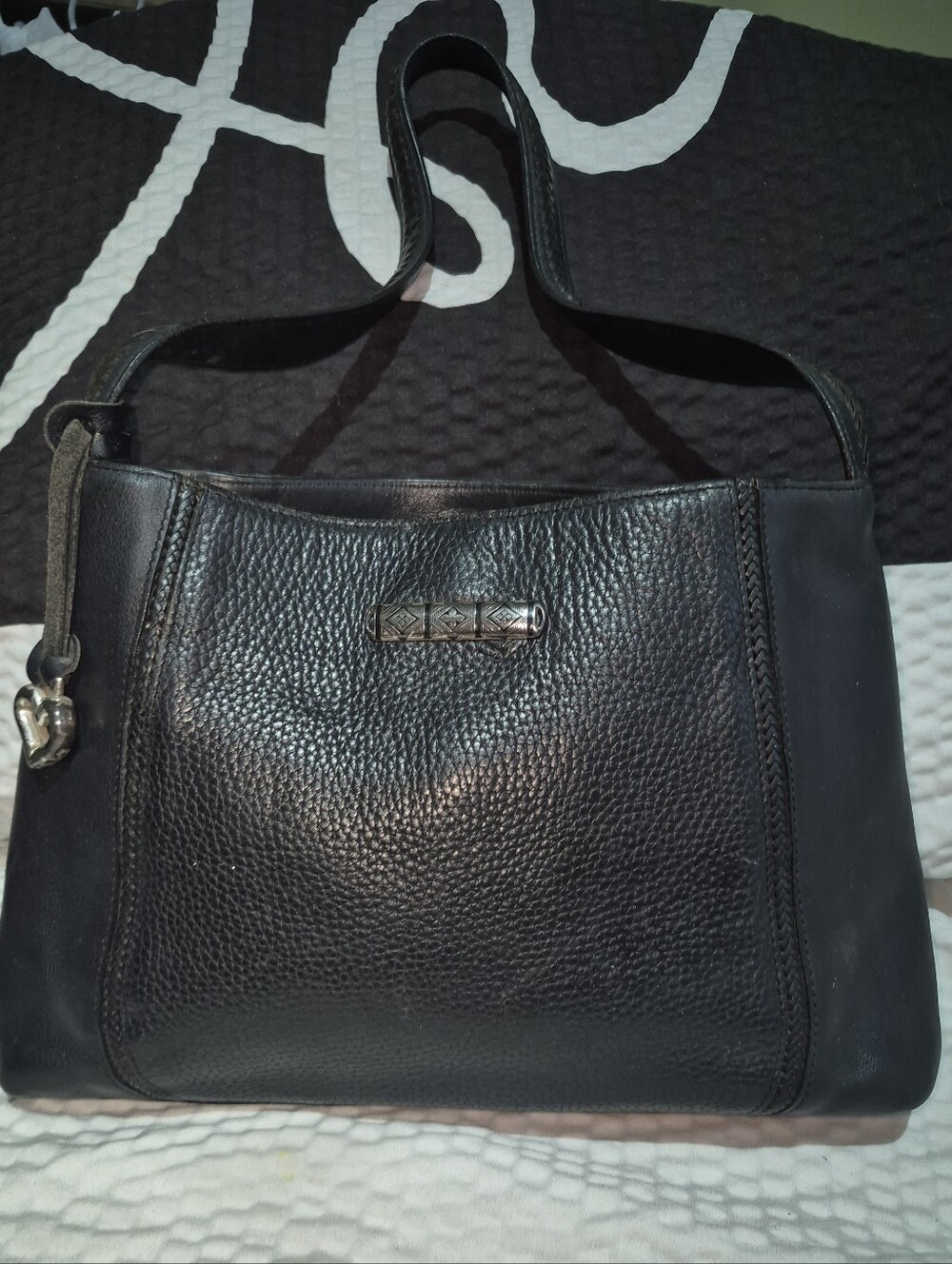 Y2K Vintage Brighton Black Pebbled Leather Shoulder Bag with Heart Charm
